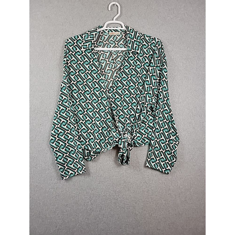 INTEMPO Green Geometric LS Tie Front Wrap Blouse Women's Plus 3X